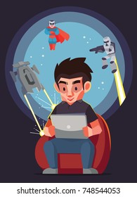 Man play the game with tablet and his imagine, Vector illustration.