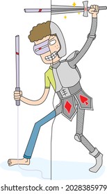 el hombre juega un juego como un caballero virtual
