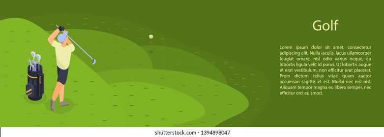 Man play golf concept banner. Isometric illustration of man play golf vector concept banner for web design