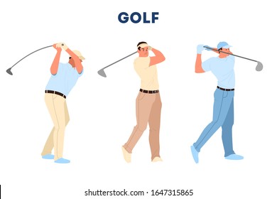 Man play golf. Man holding a golf club and hitting the ball. Healthy outdoor lifestyle. Isolated vector illustration in cartoon style