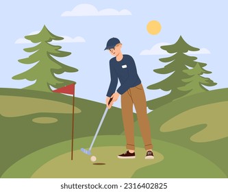 Man play in golf outdoor. Guy stands with stick on hill against backdrop of trees. Active lifestyle and sports. Tournament and competition, athlete and sportsman. Cartoon flat vector illustration