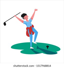 Man play golf. Person holding club and ball. Summer competition, outdoor game. Flat vector illustration