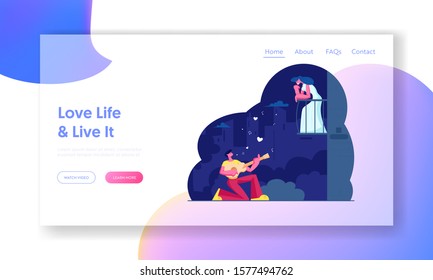 Man Play Guitar Sing Serenade to Woman Website Landing Page. Girl Listen Music on Balcony at Night. Couple Love Relationship, Romantic Evening Date Web Page Banner. Cartoon Flat Vector Illustration