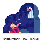 Man Play Guitar Sing Song to Woman on Balcony. Guitarist Serenade at Moonlight on Night City Street. Girl Listen Music. Couple Love Relationship, Romantic Evening Date. Flat Vector Illustration