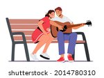 Man Play Guitar Sing Song to Woman Sitting on Bench. Guitarist Singing Serenade. Girl Hold Head on Boyfriend Shoulder Listen Music. Couple Love Relationship, Romantic Date. Cartoon Vector Illustration
