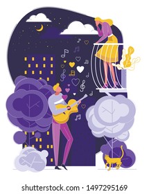 Man Play Guitar Sing Song to Woman on Balcony Vector Illustration. Male Guitarist Serenade at Moonlight. Night City Street. Girl Listen Music. Couple Love Relationship, Romantic Evening Date