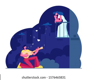 Man Play Guitar Sing Song to Woman on Balcony. Guitarist Serenade at Moonlight on Night City Street. Girl Listen Music. Couple Love Relationship, Romantic Evening Date. Flat Vector Illustration