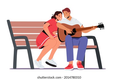 Man Play Guitar Sing Song to Woman Sitting on Bench. Guitarist Singing Serenade. Girl Hold Head on Boyfriend Shoulder Listen Music. Couple Love Relationship, Romantic Date. Cartoon Vector Illustration