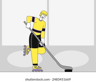 Man play hockey. Young guy in sports uniform with stick on skates. Active lifestyle and sports. Tournament and competitions. Linear flat vector illustration isolated on white background