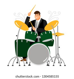 Man play on drum, musician and instrument, drummer guy beat rhythm, vector illustration