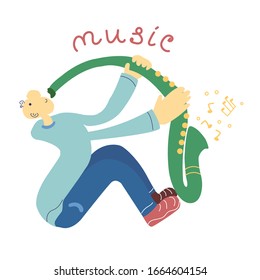 Man play on saxophone, fun illustration for banners of music concert or other design. Flat vector illustration. 