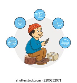 man play phone with shopping icon vector illustration