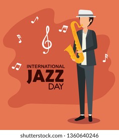 man play saxophone with music notes