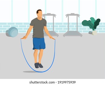 Man Play Sports In The Gym. Sport Jumping Rope. Concept Of Exercise, Health Care In The Hom