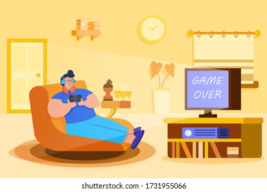 Man play video game in living room at his home. Flat character design with a hobby during quarantine or free time in weekend holiday.