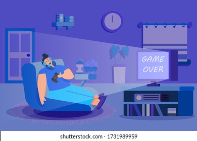 Man play video game in living room until late night and sleep on couch. Flat design character with daily lifestyle at home.