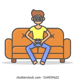 Man play in virtual reality glasses on couch in room flat style. Vector character in vr near sofa line illustration.