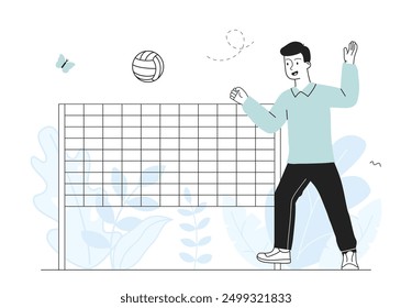 El hombre juega voleibol. El chico joven salta y golpea la pelota con la mano. Estilo de vida activo y deportes de equipo. Torneo y competición. Ilustración vectorial lineal aislada sobre fondo blanco