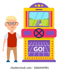 Man player standing near game machine with rudder, old race video-game. Afterburner in monitor, gambling equipment and gambler male, entertainment vector