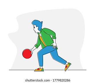 Jugador hombre lanza una bola a las barandillas. El personaje masculino Bowler pasa tiempo jugando en el club de bolos el fin de semana. Ocio, Estilo de vida activo, Sparetime, Recreación deportiva. Ilustración de vectores lineales