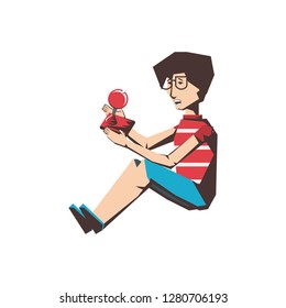 man player video game sitting with joystick