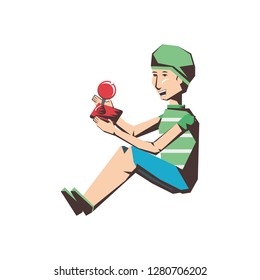 man player video game sitting with joystick