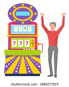 Man player winning 777 icons in game machine, casino element. Happy gamer with rising hands standing near gambling equipment, entertainment vector