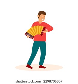 Hombre tocando acordeón, ilustración vectorial plana aislada en fondo blanco.