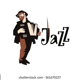 Man playing accordion isolated on white background. Jazz inscription. Flat vector illustration. Jazz symbol. Icon.