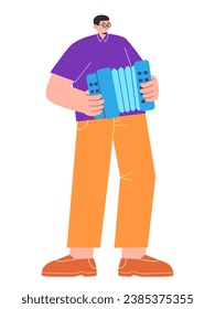 Man playing accordion music instrument alone drawing flat colorful illustration young performance cartoon
