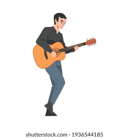 Man Playing Acoustic Guitar, Guy Musician Guitarist Character Performing at Concert Cartoon Style Vector Illustration