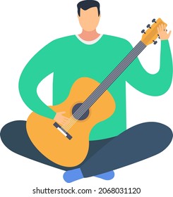 Man playing acoustic guitar, male character hobby music instrument, practice song training cartoon vector illustration, isolated on white.