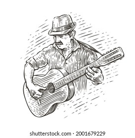 Man playing acoustic guitar. Music concept in vintage sketch style