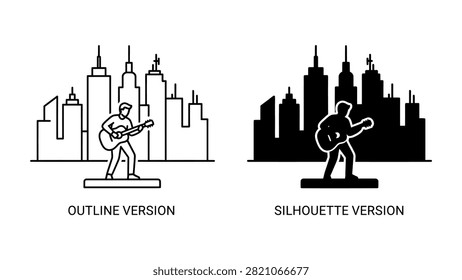 A man playing acoustic guitar on a small stage in front of a big city skyline vector illustration set