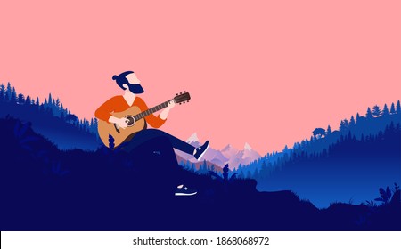 Man playing acoustic guitar outdoors on hill with landscape and nature in background. Playing and singing alone concept. Vector illustration.