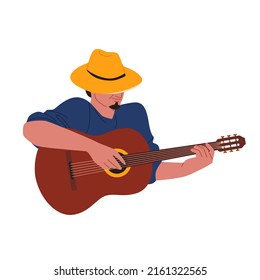 Man playing acoustic guitar vector illustration. Cartoon male guitarist character in hat sitting, player holding musical instrument to play music, young musician of jazz band isolated on white