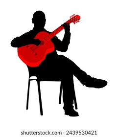 Man playing acoustic guitar vector silhouette illustration isolated. Classic music street performer concert. Musician artist amusement public. Virtuoso classic guitar. Boy play string instrument.