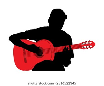 Man playing acoustic guitar vector silhouette illustration isolated. Classic music street performer concert. Musician artist amusement public. Virtuoso classic guitar. Boy play string instrument.