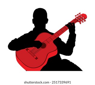 Hombre tocando guitarra acústica Vector silueta ilustración aislada. Concierto de música clásica de artistas callejeros. Músico artista de entretenimiento público. Virtuoso guitarra clásica. Niño toca el instrumento de cuerda.