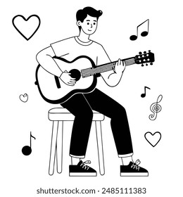 Hombre tocando guitarra acústica mientras se sienta en el taburete con notas musicales y corazones. Ilustración de arte en blanco y negro. Concepto de música y romance para diseño e impresión