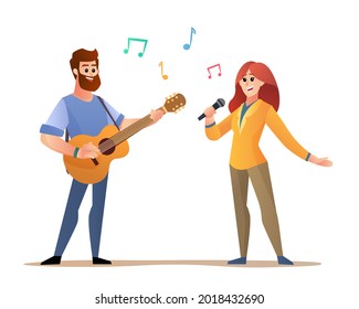 Man playing acoustic guitar and woman singing illustration