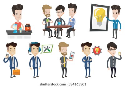 Man playing action game on smartphone. Man using smartphone for playing games. Businessman looking at smartphone and making selfie. Set of vector flat design illustrations isolated on white background