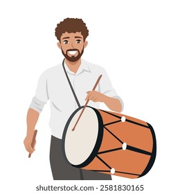 Man playing a African traditional drum Djembe with drumsticks. Flat vector Character Illustration