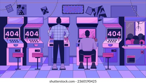 Man playing arcades error 404 flash message. Old school video gaming machine. Website landing page ui design. Not found cartoon image, dreamy vibes. Vector flat illustration with 90s retro background