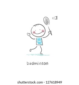 Man playing badminton. Illustration.