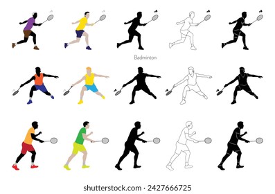 Man playing badminton silhouette isolated on white background with paper texture. Friends playing sports for fun badminton player in action