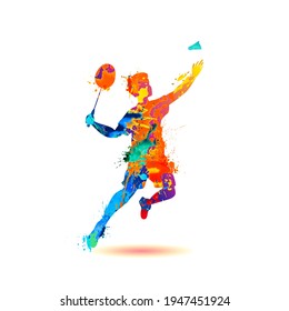 Man playing badminton silhouette vector icon of splash paint