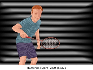 Ein Mann, der Badminton mit Streifen auf dunklem Hintergrund spielt.