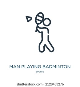 Mann, der ein Badminton-Symbol in der dünnen Linie spielt. Spielen, Action Linearsymbole aus dem Sportkonzept isolierte Umrisszeichen. Vektorgrafik-Symbol-Element für Webdesign und Apps.