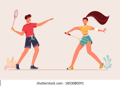 Man Playing Badminton With Woman Isolated Background Flat Design, Playing Badminton with Friend Vector Illustration Modern Style
